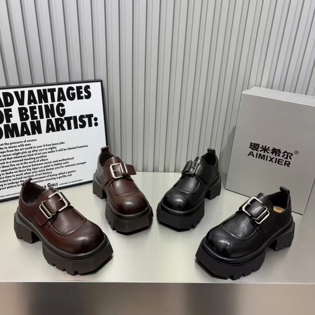 真皮方头系带粗跟高跟鞋乐福鞋单鞋厚底增高复古英伦风jk小皮鞋女