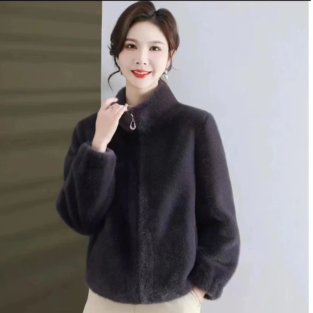 加绒水貂绒短款毛绒春冬貂绒立领时尚百搭休闲秋冬女外套女士女款