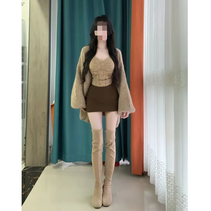 三件套女2025秋冬新款纯欲风辣妹宽松针织毛衣外套吊带背心半身裙