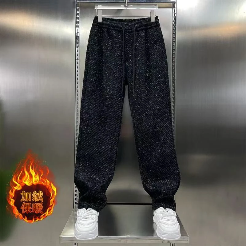 加厚痞帅新款条纹直筒新款男士休闲裤秋冬潮流卫裤运动裤加绒宽松