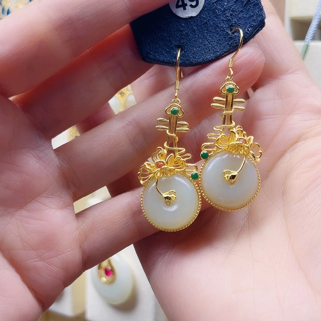 和田玉银S925镀金镶嵌耳饰