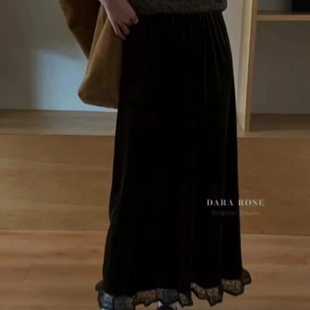 【松露小黑裙】秋冬加绒黑色丝绒拼接蕾丝花边半裙