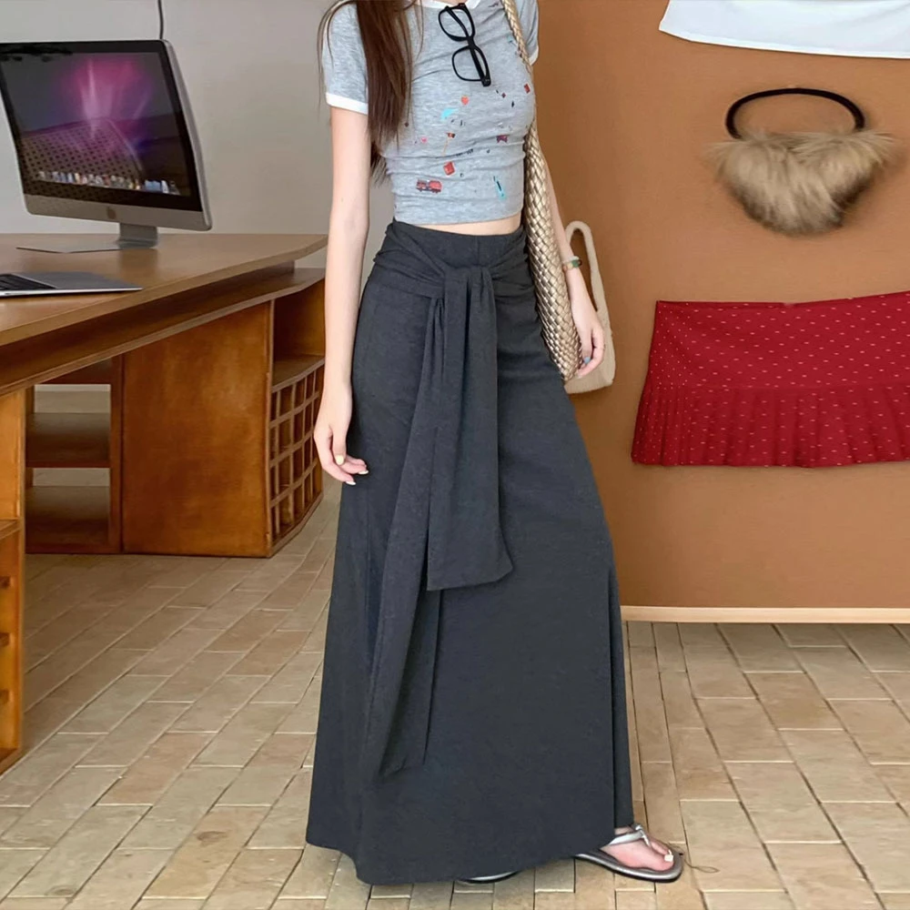 设计感纯色绑带垂感半身裙女2025年夏季气质百搭高腰显瘦长裙潮