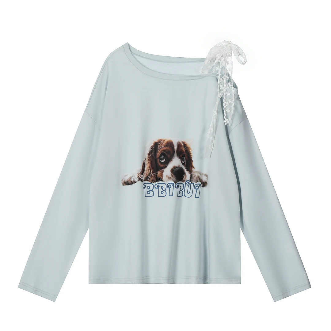 新款美式斜肩蕾丝绑带印花狗狗长袖