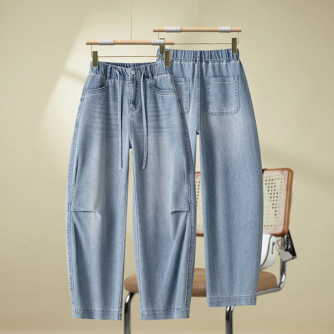 设计感系带阔腿牛仔裤女夏季薄款2025流行新款宽松八分弯刀气球裤