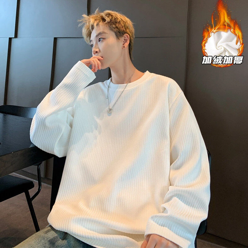 新款加绒加厚长袖t恤宽松潮牌打底衫港风外景肌理感帅气打底衫