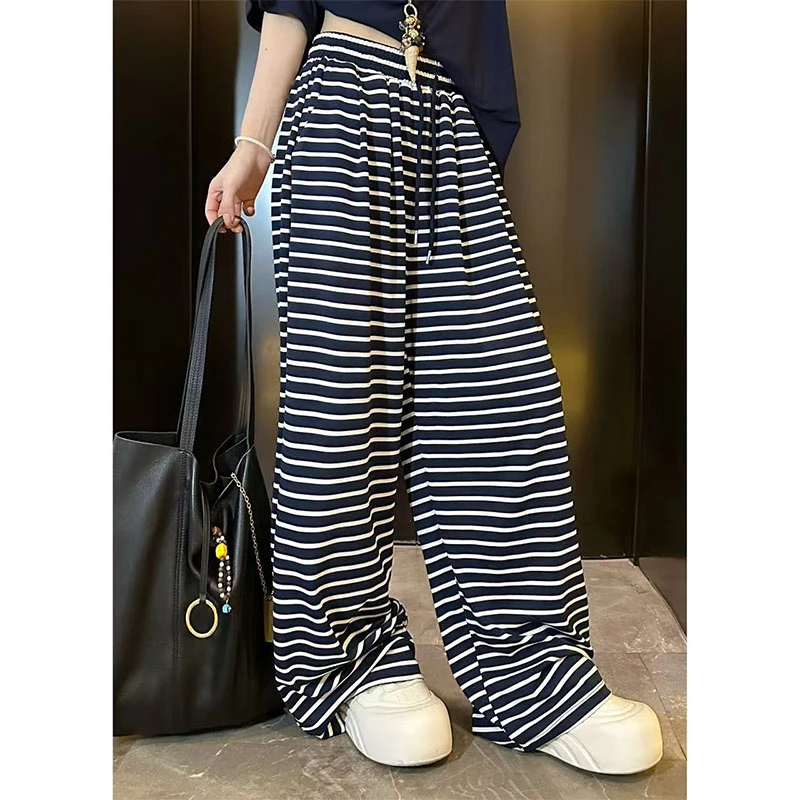 时尚舒适慵懒感撞色条纹松紧腰休闲裤女夏季新款宽松显瘦拖地裤潮