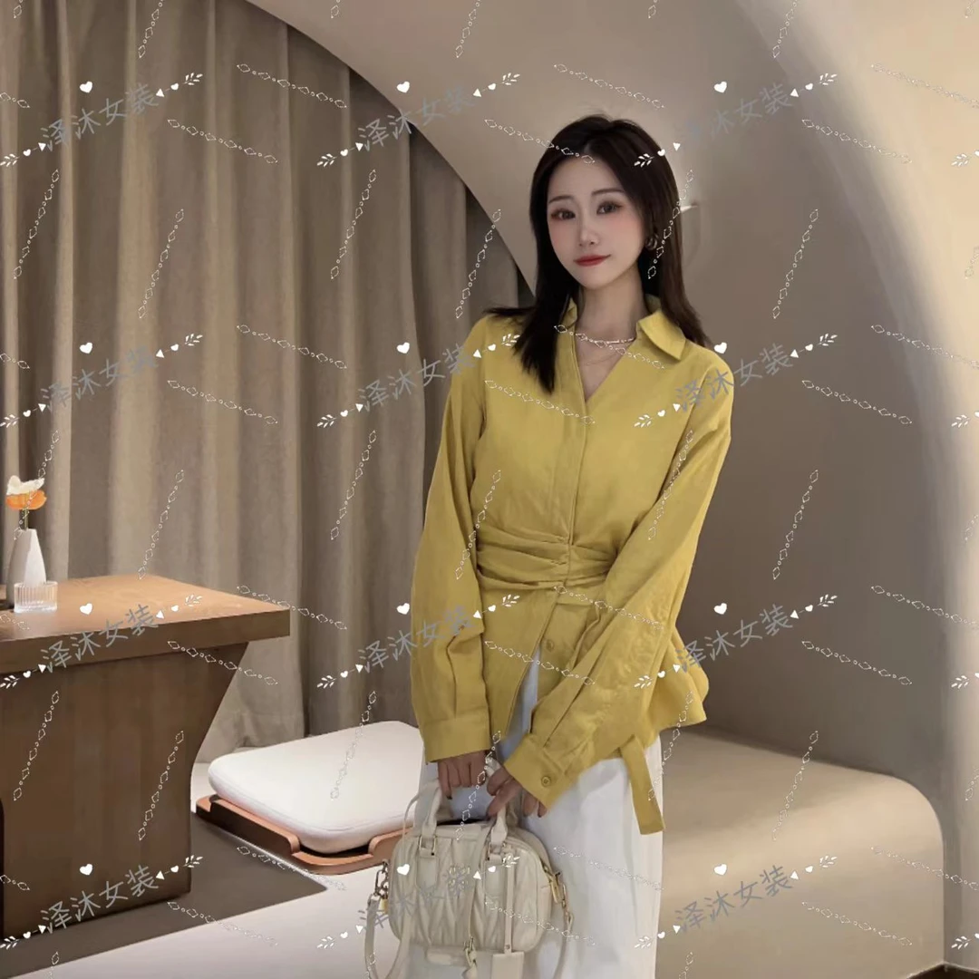 2025 春夏新款简约V领系腰带收腰衬衫女b