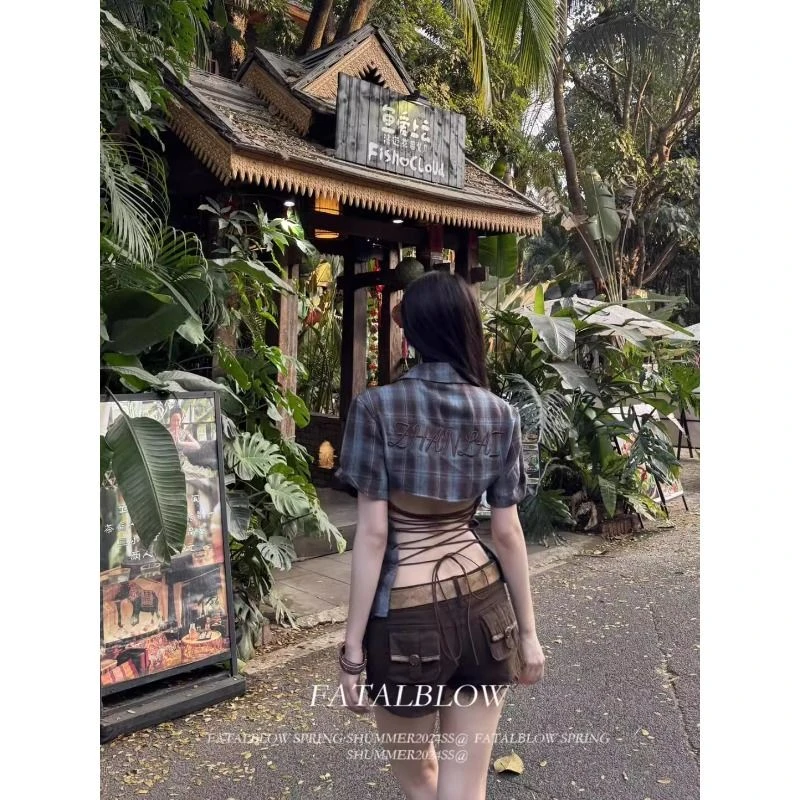 美式辣妹格子露背长袖显瘦衬衫女夏季短款绑带收腰设计感纯欲上衣