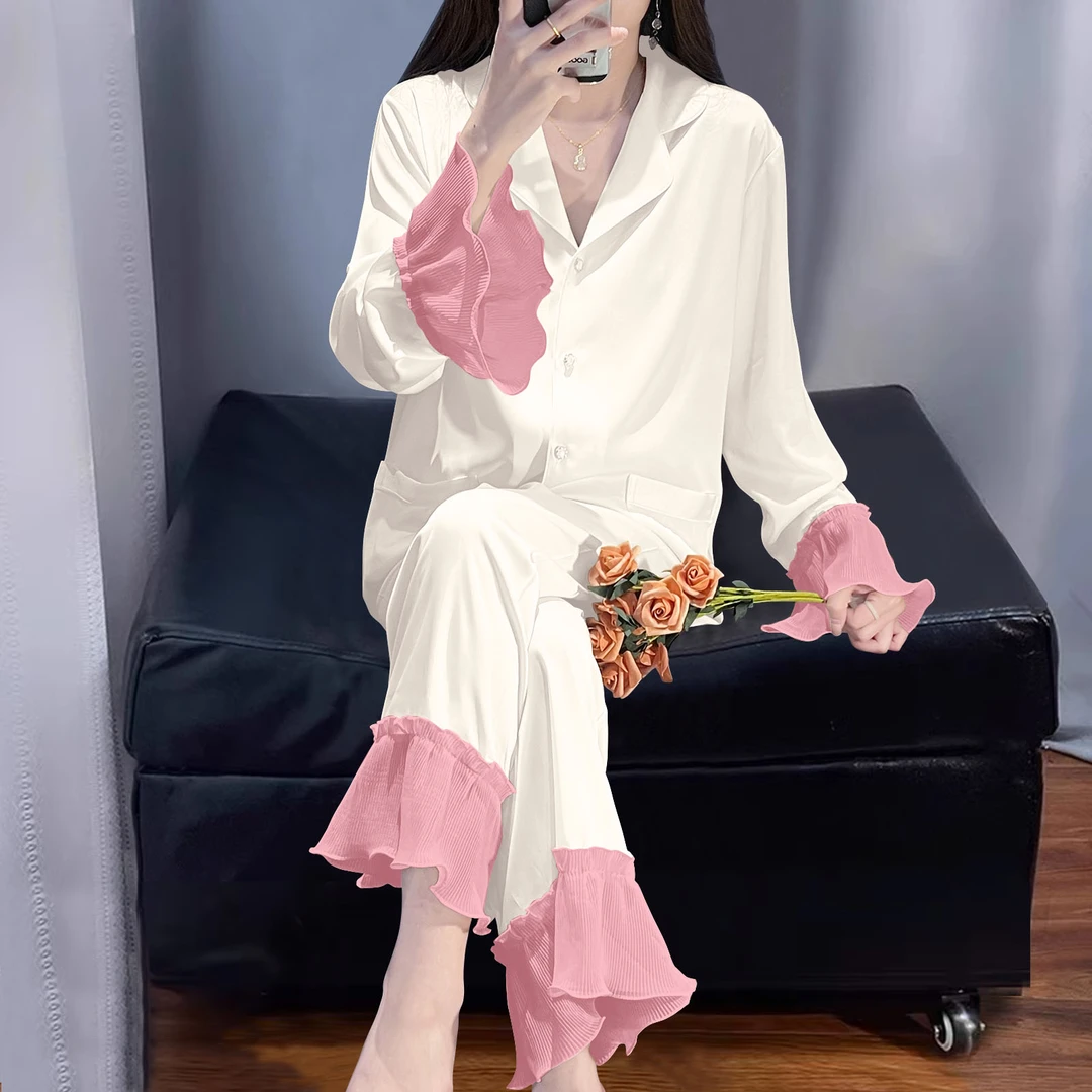 睡衣女春秋2025新款水光绸长袖套装开衫纯色法式轻奢甜美时尚爆款