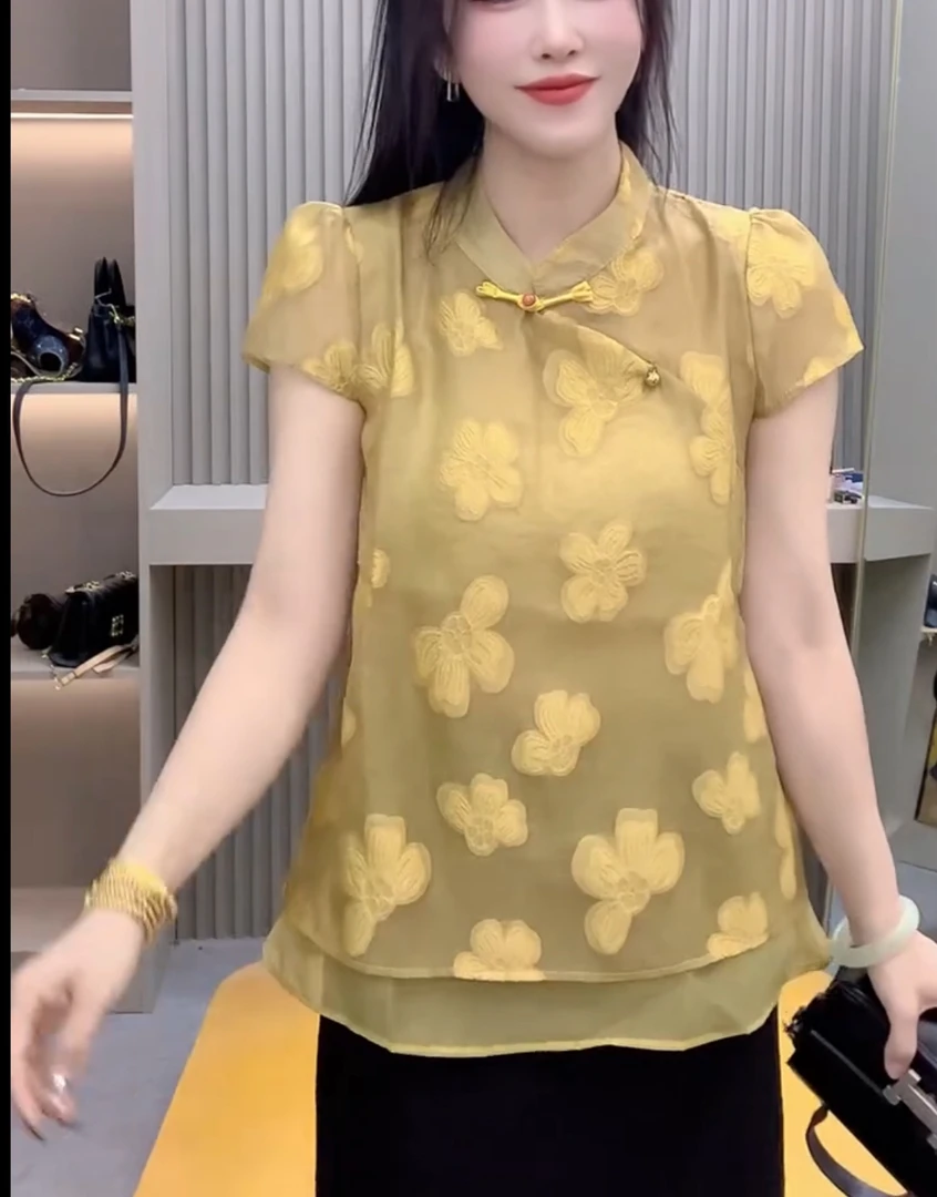 黄色小花朵刺绣无袖上衣2025夏季新款宽松遮肚子新中式漂亮小衫