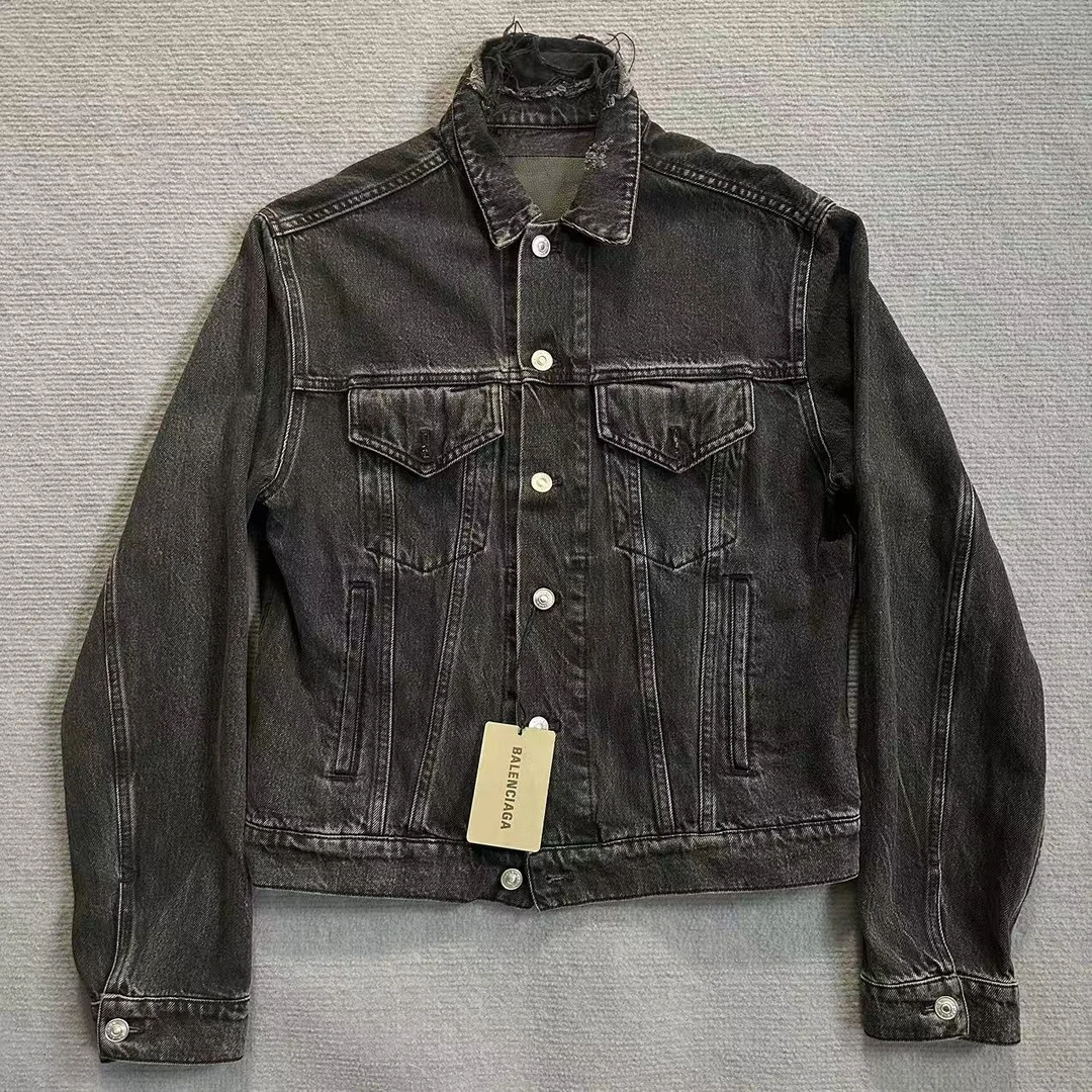 99新 Balenciaga/巴黎世家 zz8黑色水洗刺绣logo牛仔夹克 46码
