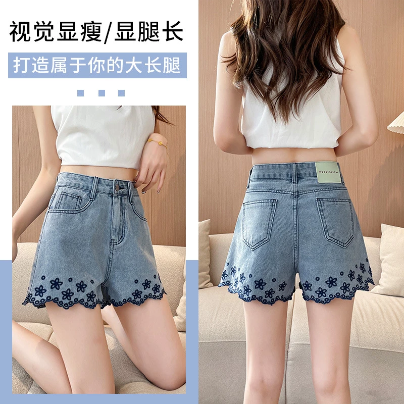 刺绣牛仔短裤女夏季薄款2025年新款高腰宽松国风设计感字短裤子