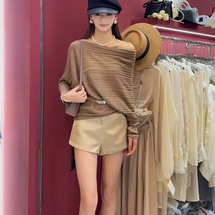 早秋慵懒漫步 宽松法式露肩针织上衣气质温柔松紧弹力百搭女显瘦