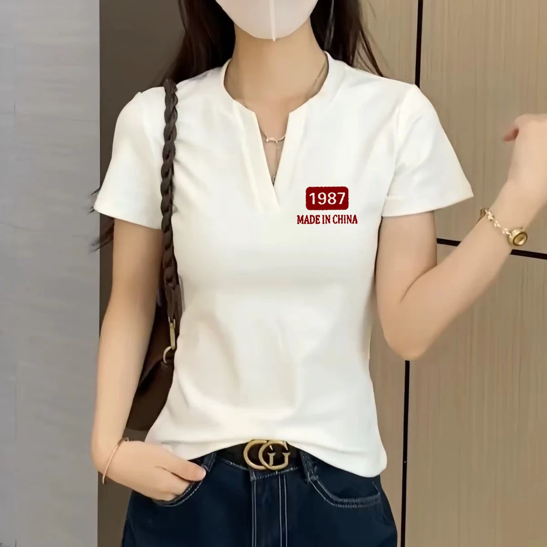 白色V领正肩显瘦短袖t恤女士夏季新款修身设计感打底衫上衣