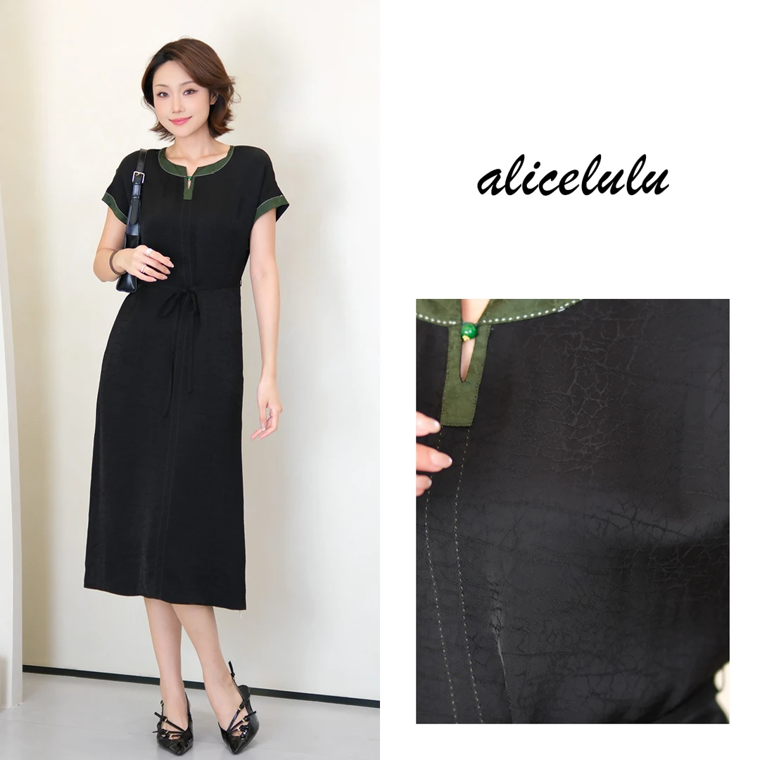 1alicelulu 新中式拼接圆领短袖系带连衣裙国风 S2143338W