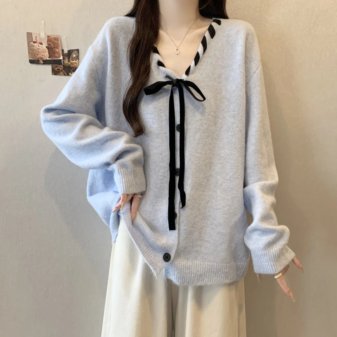 大码女装遮肚子慵懒风蝴蝶结针织衫秋冬新款胖mm宽松显瘦百搭上衣