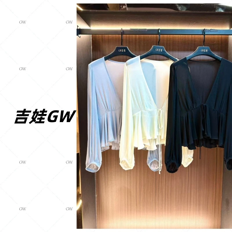 GW新款女人味十足荷叶边V领褶皱收腰系带褶皱肌理感长袖上衣罩衫