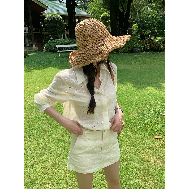 YOKLASS少女家 杏色绣花衬衫裙裤套装休闲个性两件套S31893S52