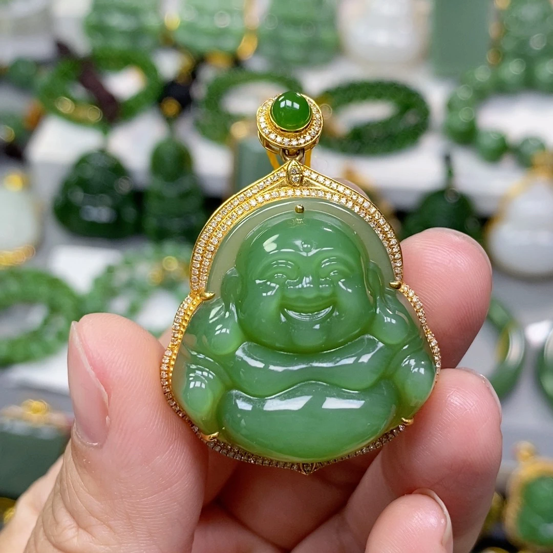 猴教授珠宝18k纯天然和田碧玉冰底翠阳绿佛公吊坠裸佛31mm