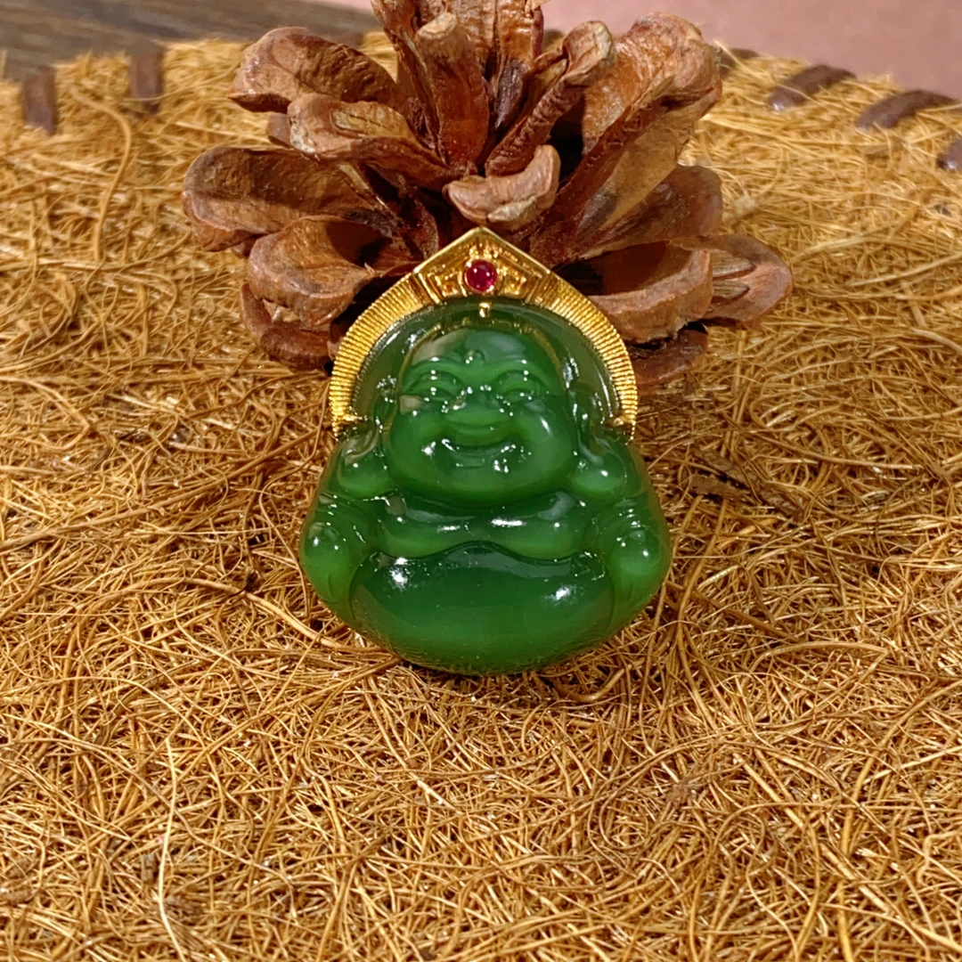 18k金镶嵌天然和田玉碧玉猫眼佛公俄料老坑料精品吊坠饰品项链