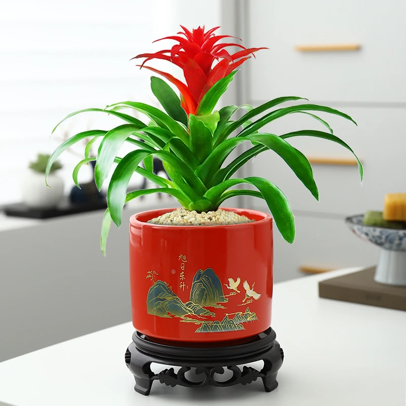 青瓷贴花烤花小花盆中国风古典山水画陶瓷六方盆多肉绿植花卉盆器
