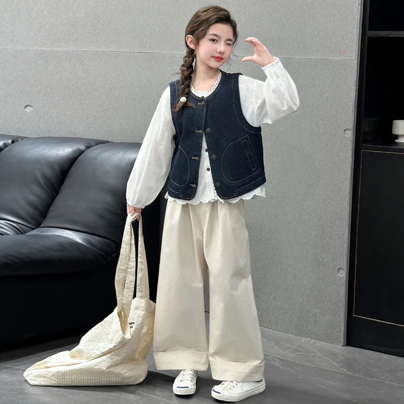 女童秋装娃娃衫套装儿童2025春秋新款大童春季牛仔马甲洋气三件套