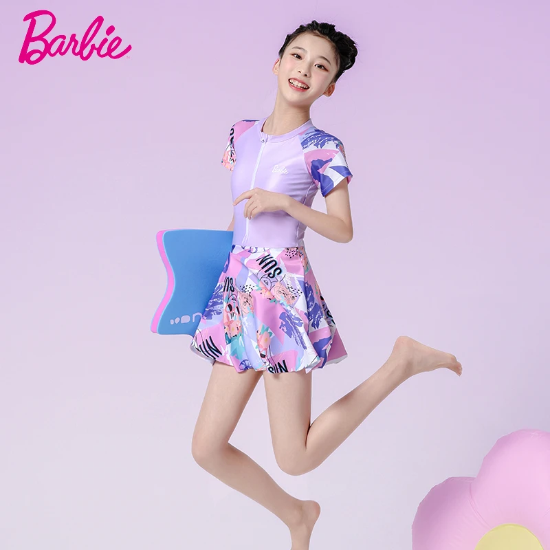 芭比女童泳衣中大童2025新款儿童女孩12岁少女初中生保守连体防晒