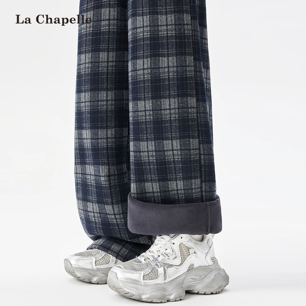 拉夏贝尔格子阔腿裤女秋冬新款加绒复古宽松慵懒风毛呢窄版直筒裤