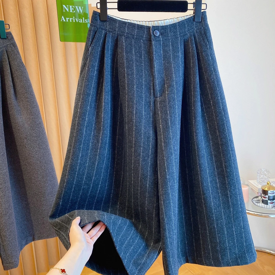 高端条纹毛呢八分裤女秋冬氛围感2025新款宽松气质直筒裤阔腿裤子