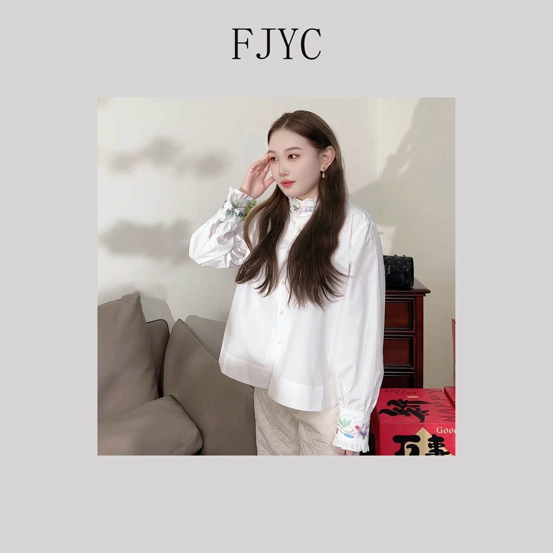 【白霜】2025年春季新中式宽松国潮百搭高级刺绣花边棉布衬衫上衣