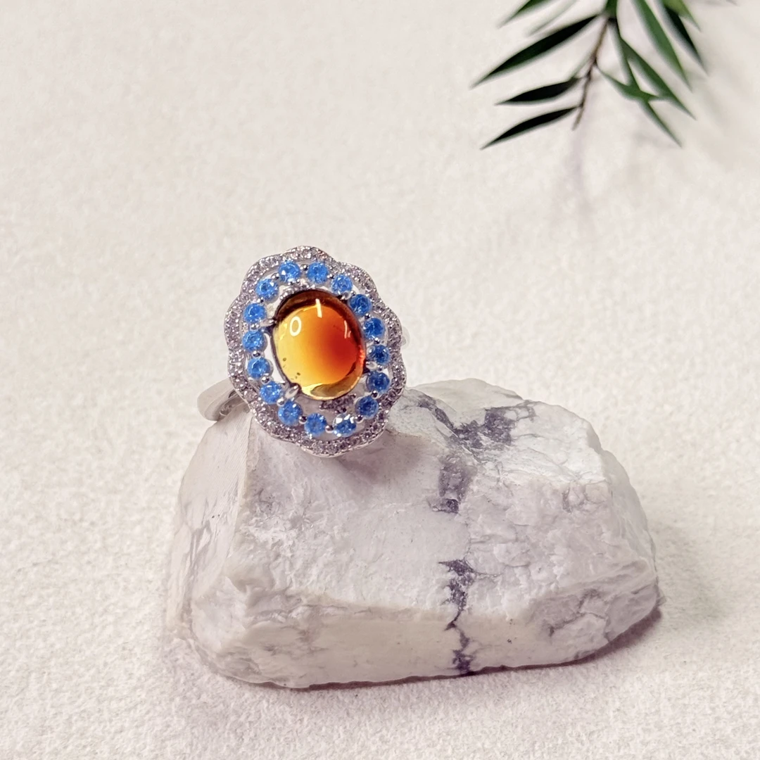 【六六中古】孤品复古琥珀s925开口戒指ty1819