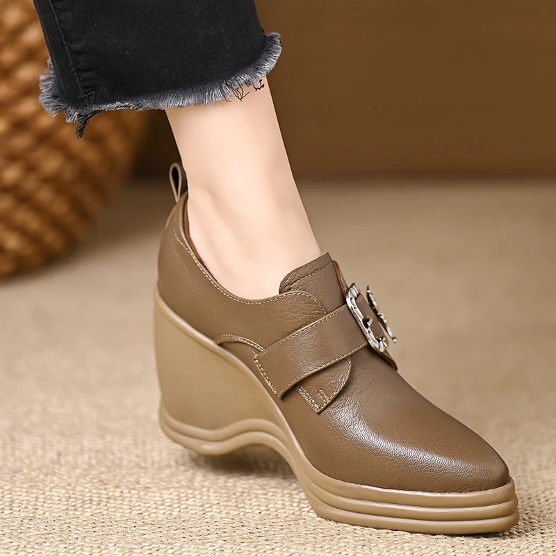 轩玥情女鞋9cm厚底羊皮深口单百搭增高坡跟小皮鞋气质尖头高跟鞋