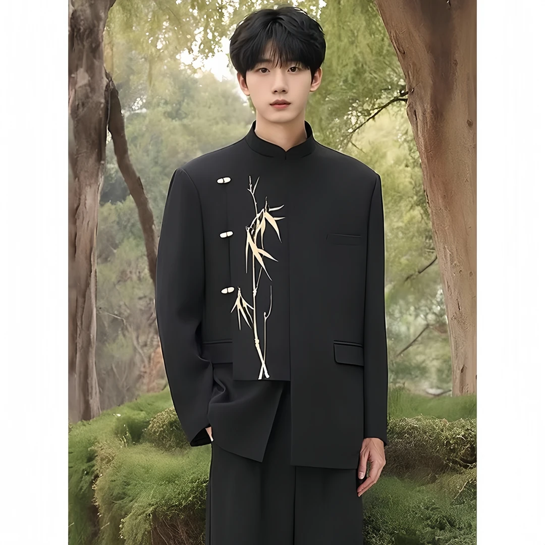 新中式男士成人礼服订婚礼结婚西装套装立领金竹中山装西服班服