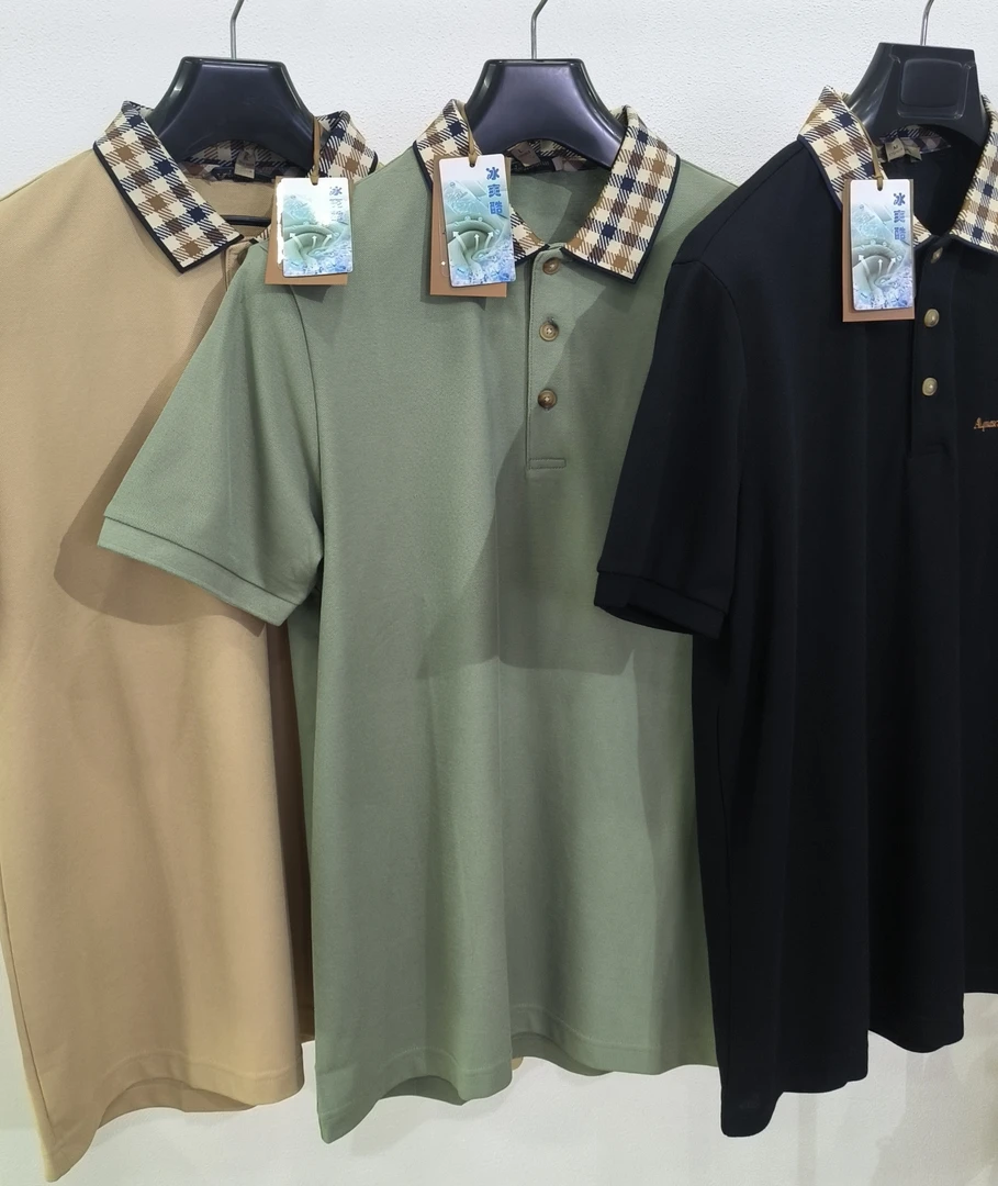 （D103）男装经典翻领格子螺纹短袖POLO衫