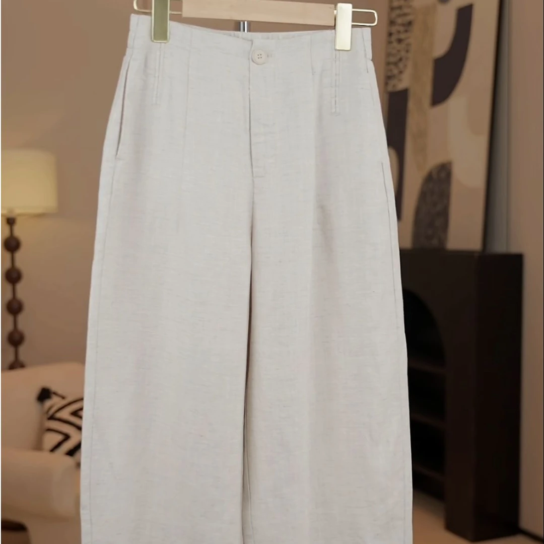 春夏新款天丝亚麻中高腰直筒休闲裤