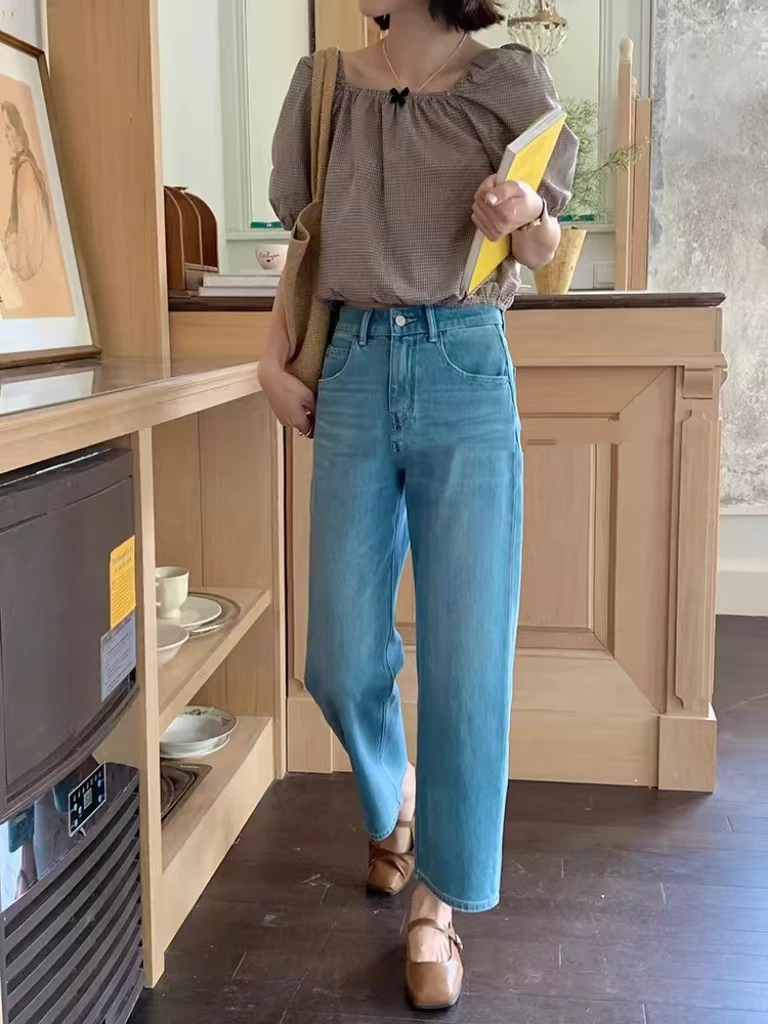 SU【135】代98 愫蕊   2025夏日蓝色阔腿裤弹力高腰九分奶奶裤~