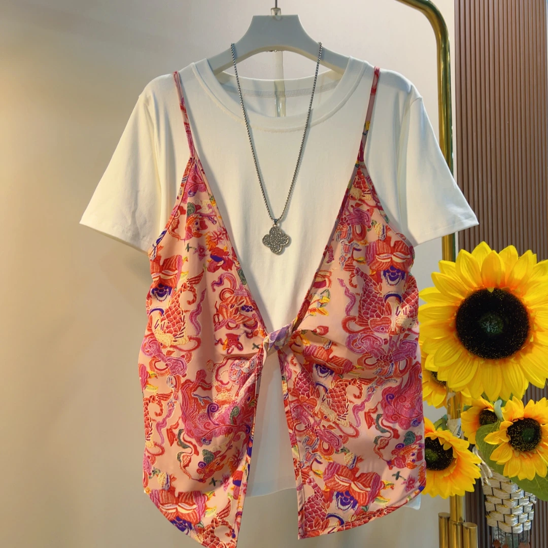 YM夏季新款圆领假两件拼接遮肉大码T恤上衣