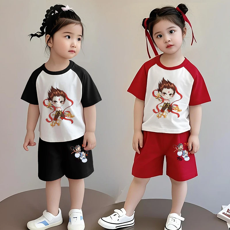 哪吒男女童夏装纯棉套装2025新款儿童衣服炸街宽松短袖短裤两件套