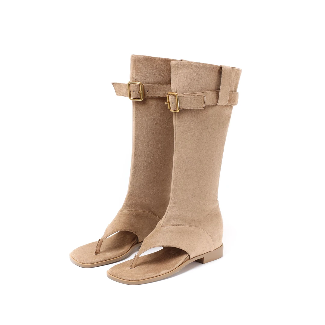 CNLEEWEI2025春夏新款棕色时尚长靴女士复古百搭中筒