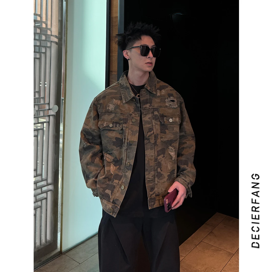 复古春季沙漠迷彩重磅纯棉工装外套男士宽松美式夹克长袖牛仔外套