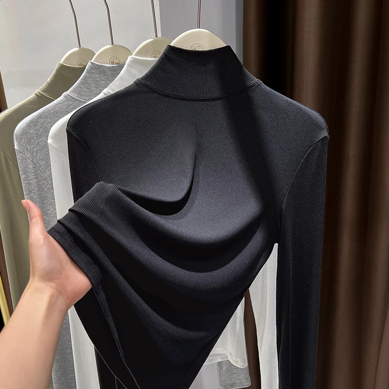 修身百搭半高领长袖打底衫女秋冬新款正肩T恤衫内搭薄款气质上衣