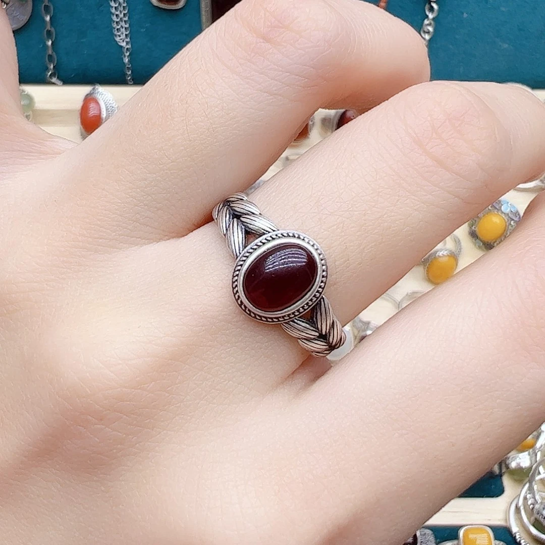 血珀戒指银S925镶嵌天然