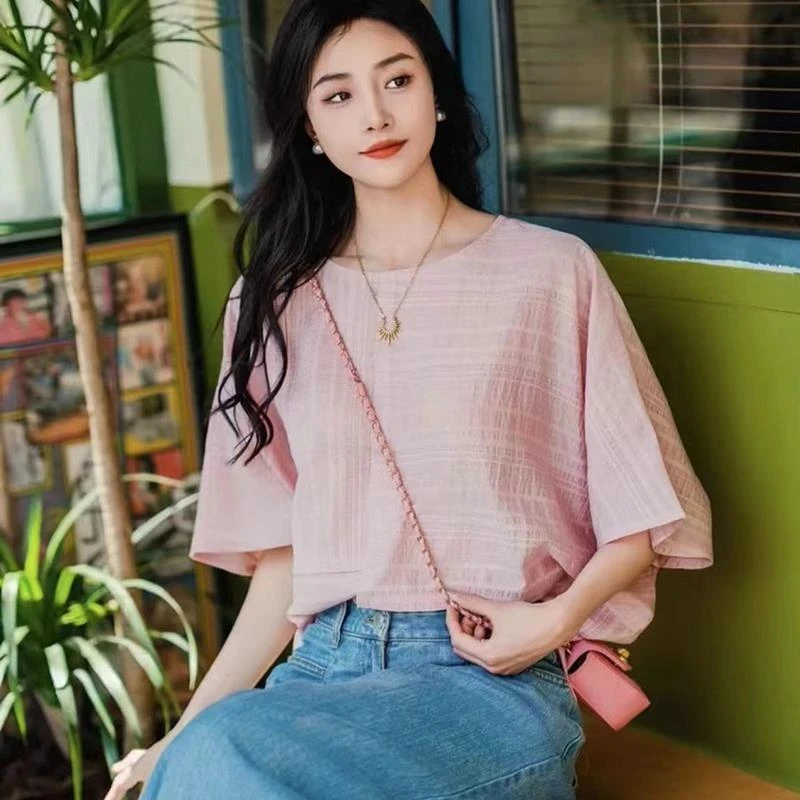 职业阿玛诗官方2025春夏季新款宽松时尚薄款五分袖T恤女薄款上衣