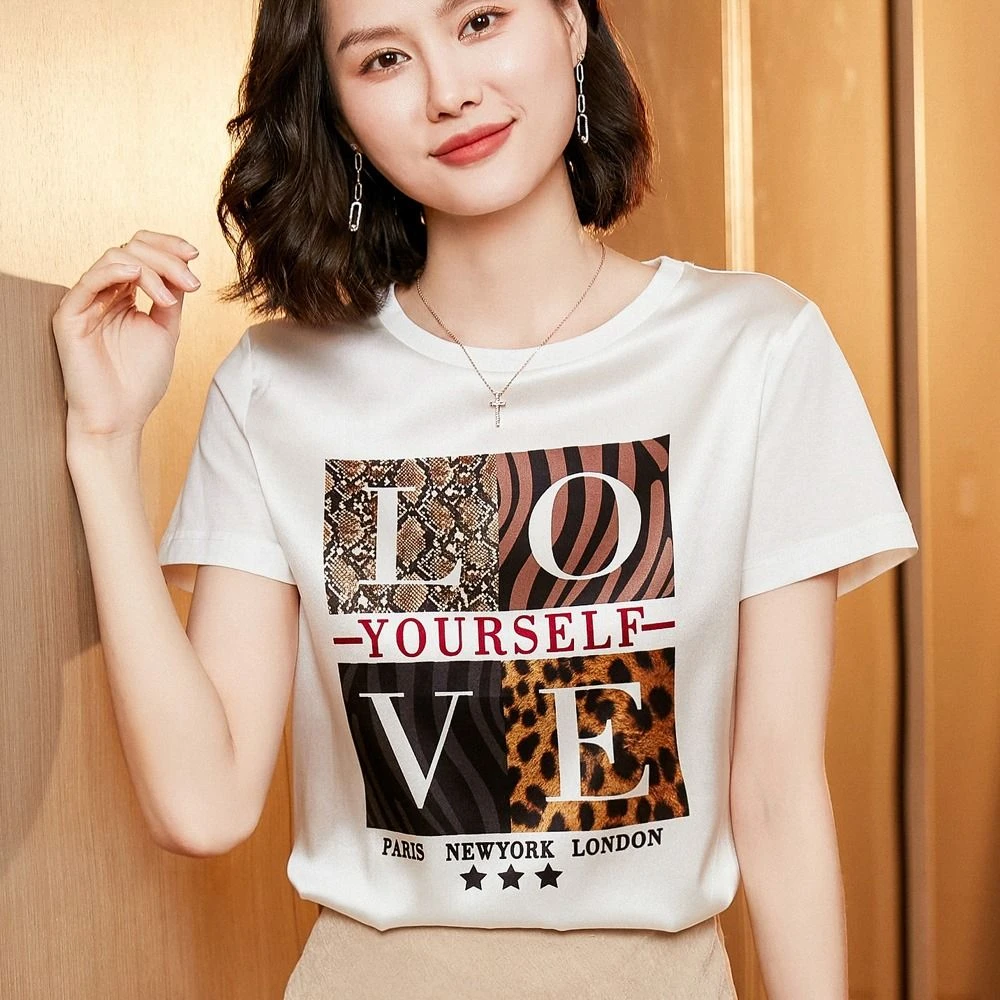 1350夏季时尚圆领短袖女显瘦气质百搭显瘦缎面拼接短袖