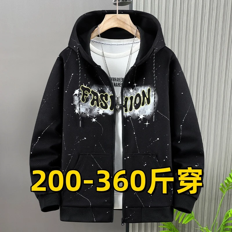 360斤大码男装连帽卫衣春秋季新款胖子外套潮流宽松学生长袖开衫9