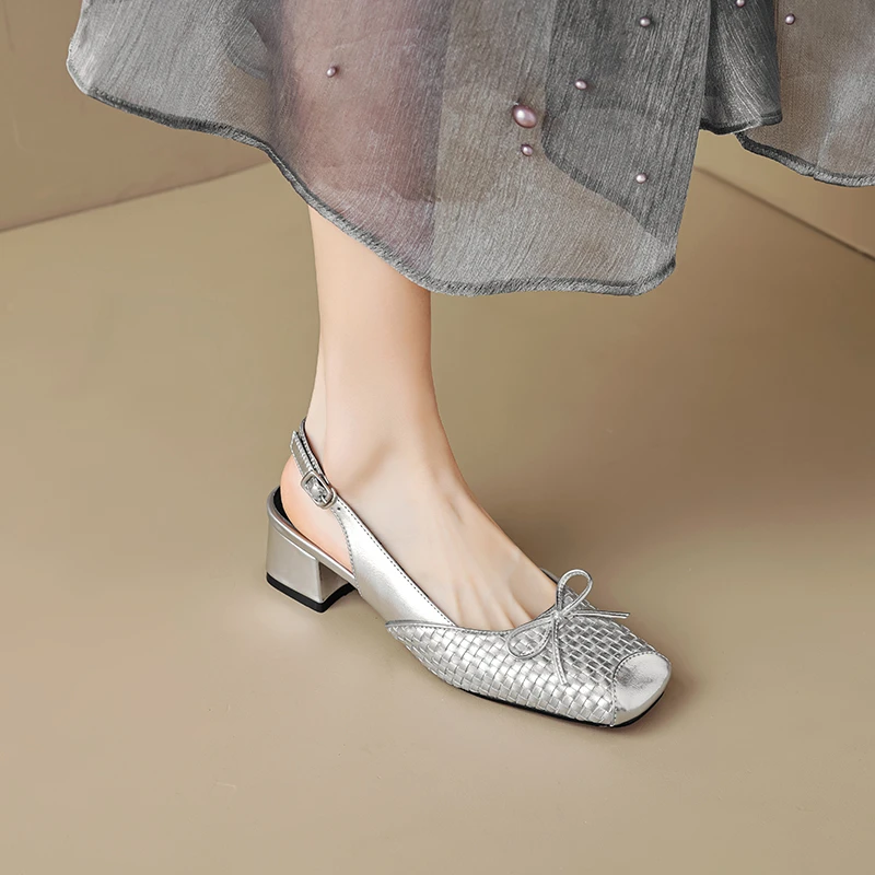 蝴蝶结凉鞋时尚夏季粗跟方头中跟高跟鞋百搭真皮时装仙女风玛丽珍