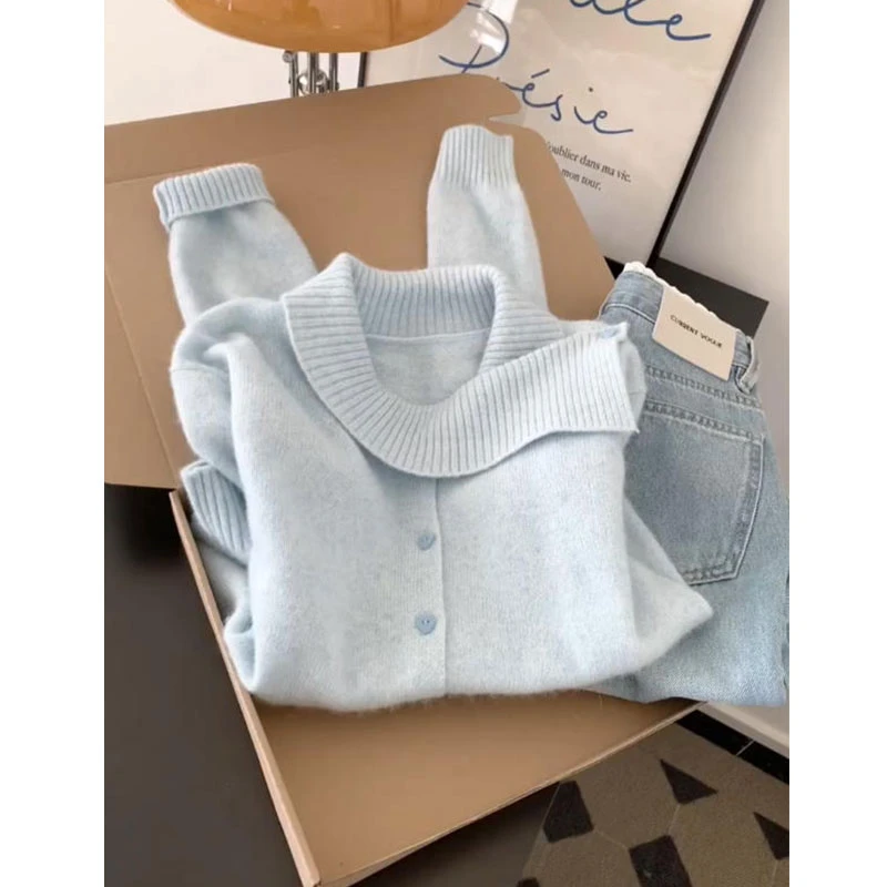 韩系氛围感蓝色毛衣开衫外套女巨好看的秋冬穿搭短款宽松针织上衣