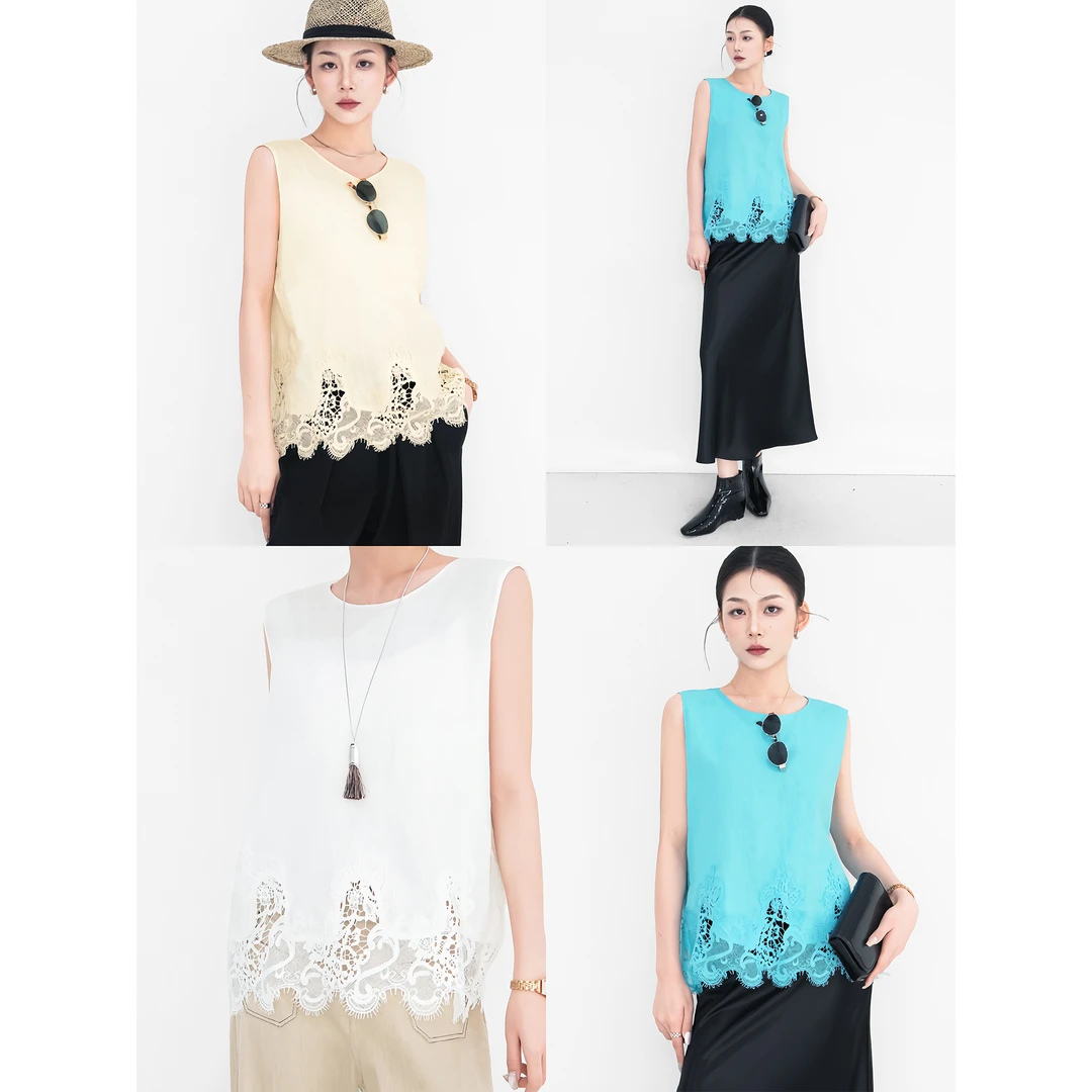 Nietzsche｜花蕾｜1oo%亚麻  时髦雕花蕾丝 度假风老钱背心61801