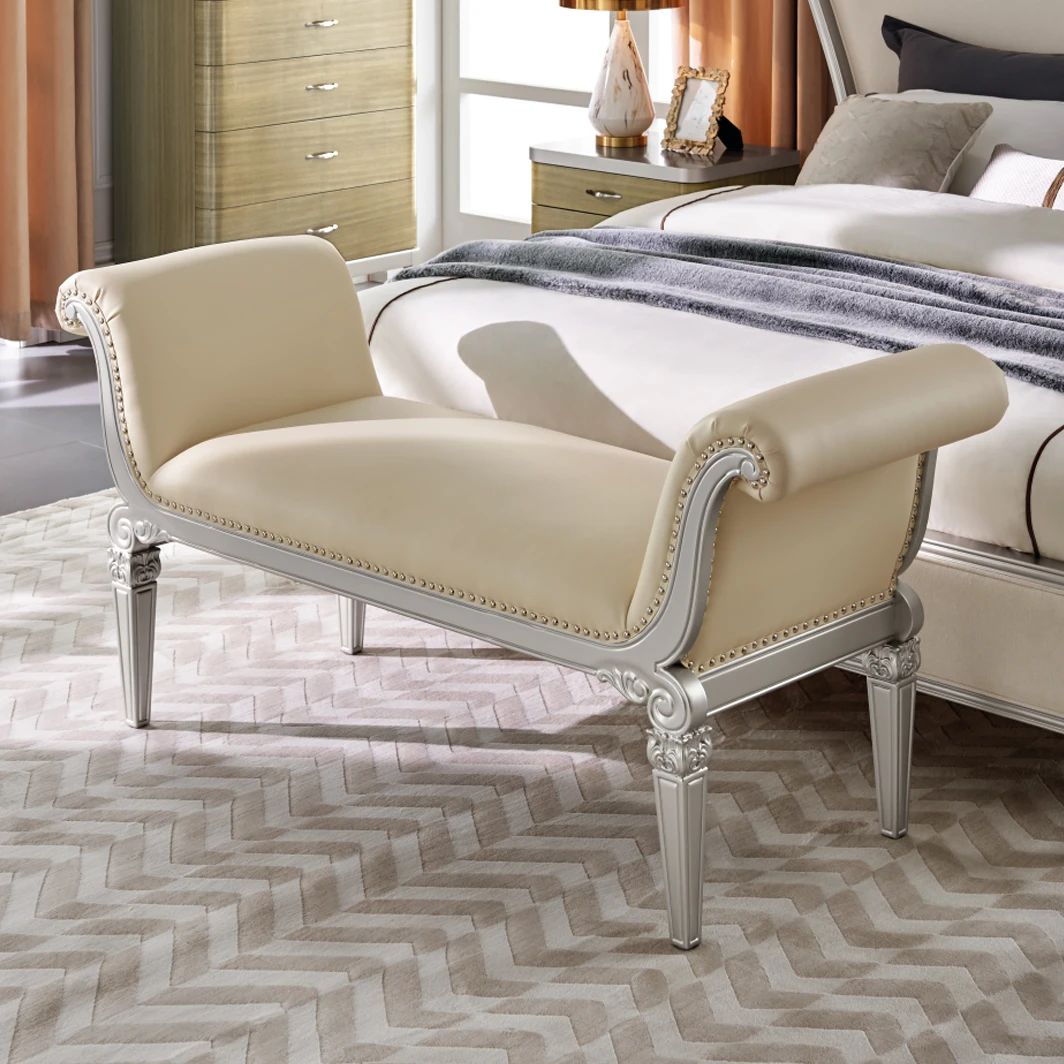 美式轻奢实木雕花床尾凳法式卧室换鞋凳床边凳衣帽间贵妃榻